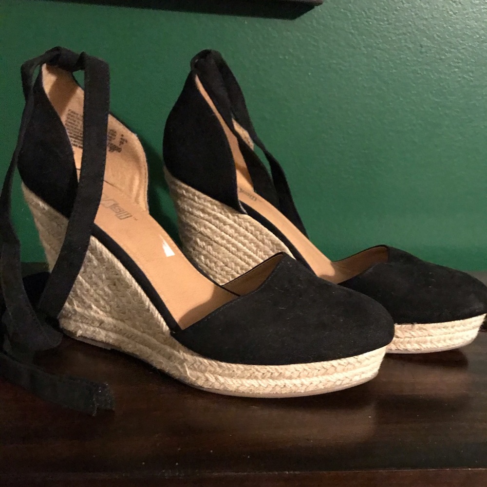 Black & Espadrille 4” Wedge Sandals w/ Ankle Laces